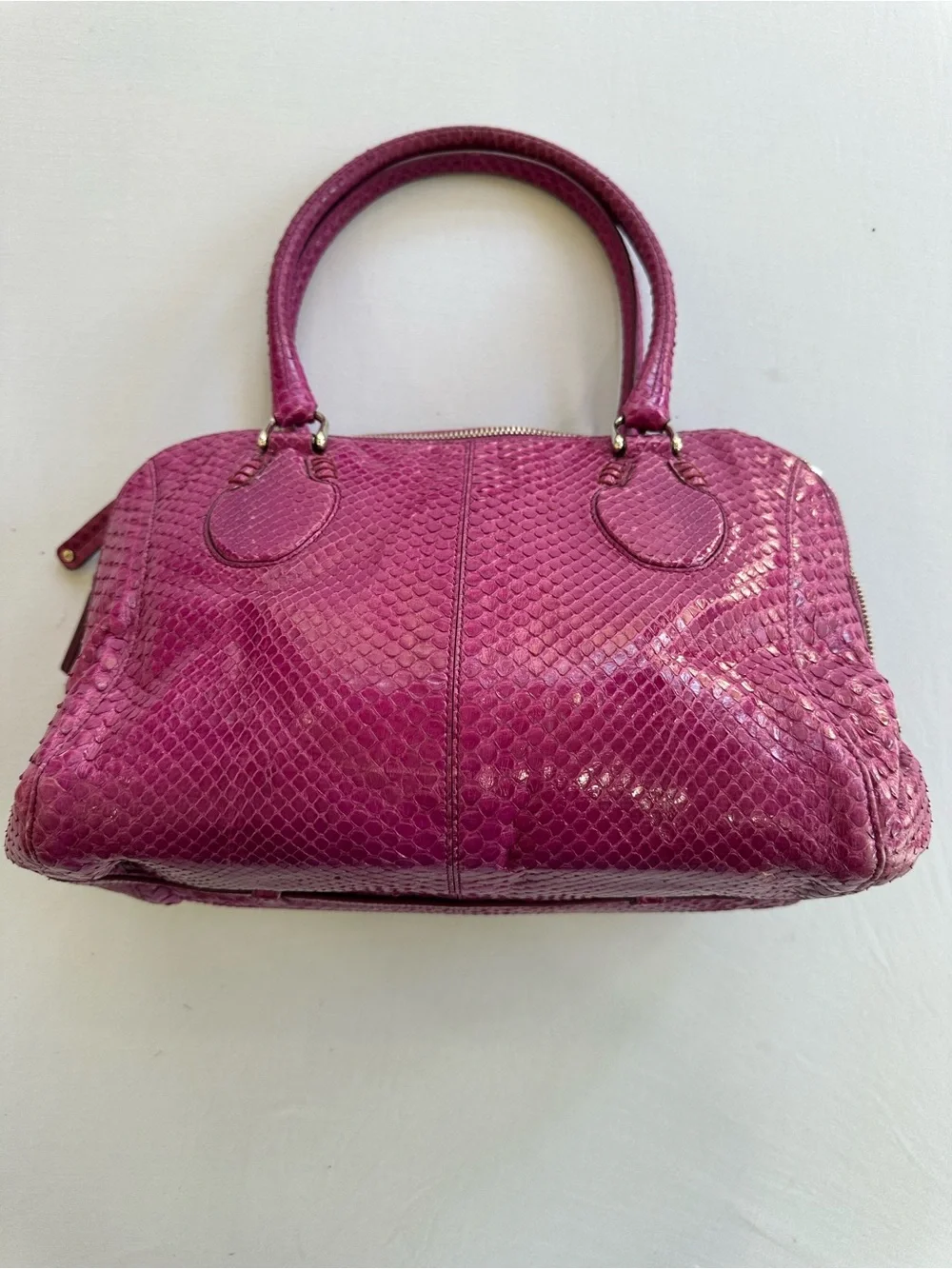 TOD'S Fuchsia Genuine Python  Satchel with Gold Hardware